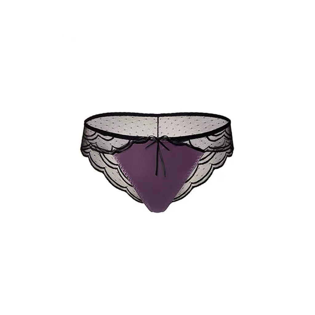 Purple Satin & Lace Bow Mesh Brief