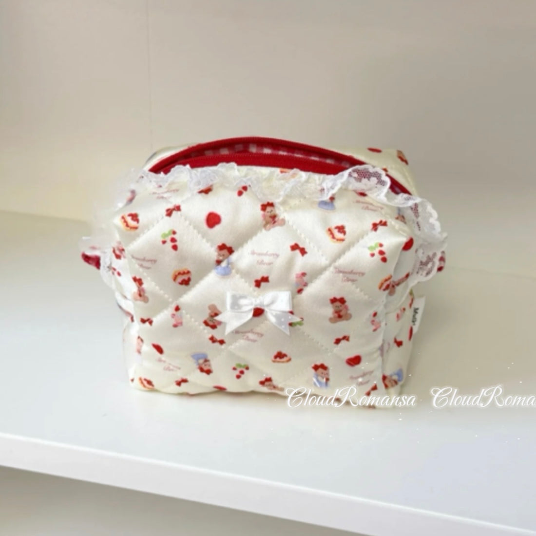Handmade Satin Strawberry Bear Pouch